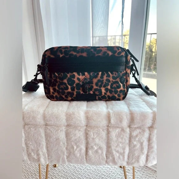 Kurt Geiger Camera Bag Crossbody Leopard Brown Quilted Nylon Shoulder Bag - Picture 1 of 8